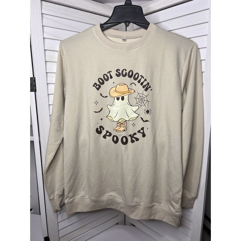 Halloween Ghost Sweatshirt Womens Med Beige Western Cowboy Boot Scootin Spooky - Picture 1 of 4